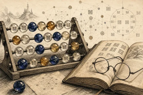 Pen-and-ink illustration of glass beads arranged on a wooden frame with I Ching hexagrams etched on them, beside an open book and round spectacles