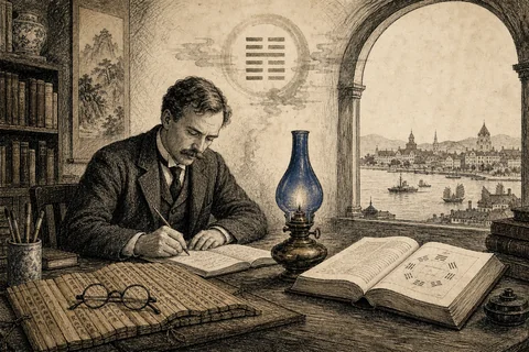 Pen-and-ink illustration of a scholar's desk in early 20th-century China, with an open Chinese bamboo text and a Western leather book beside a brass oil lamp