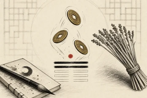 Pen-and-ink illustration of three Chinese coins mid-toss, a partially drawn I Ching hexagram, and a bundle of yarrow stalks