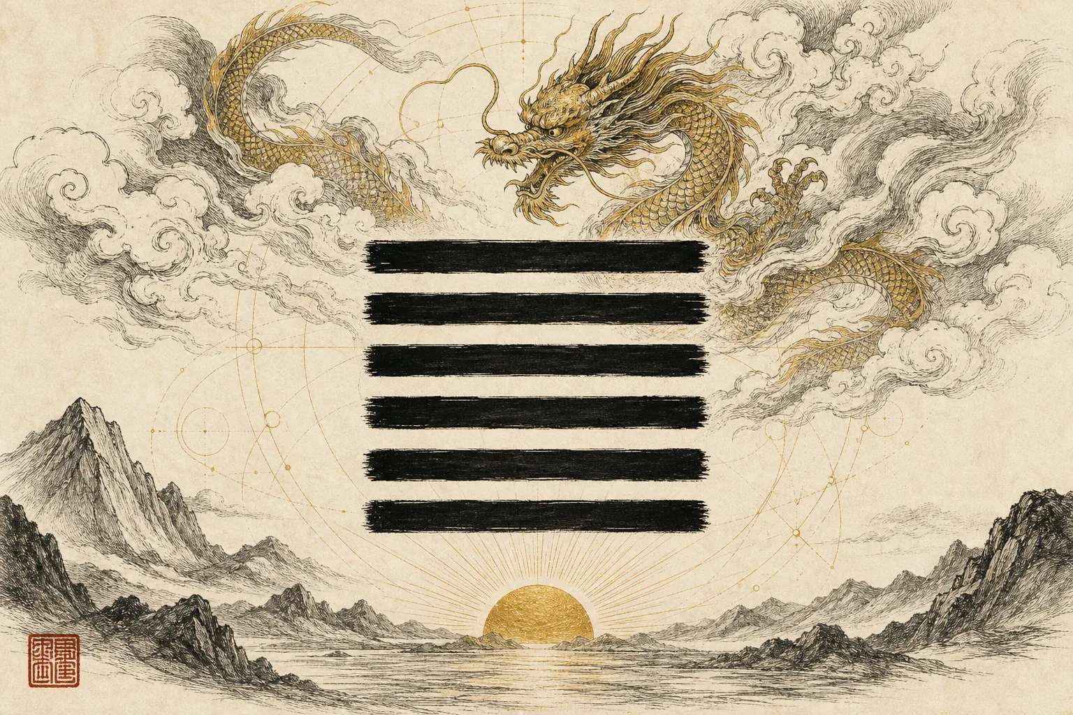 Pen-and-ink illustration of Hexagram 1 with an ascending dragon and rising sun