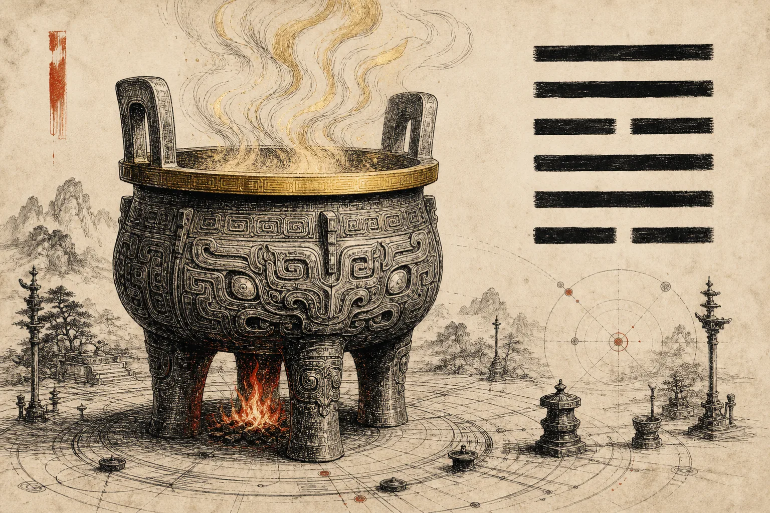 蒸気の立ち上る古代中国の青銅の鼎を描いた手描きペン＆インク調イラスト