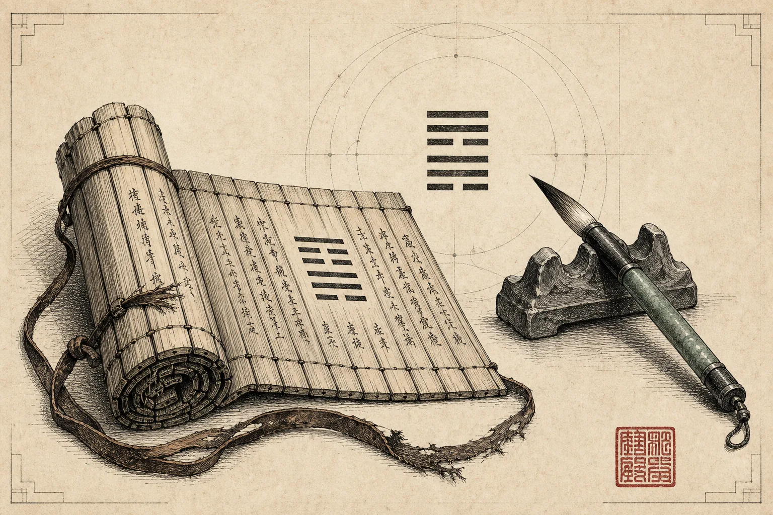Pen-and-ink illustration of an unrolled bamboo I Ching scroll with a worn leather binding, beside a calligraphy brush