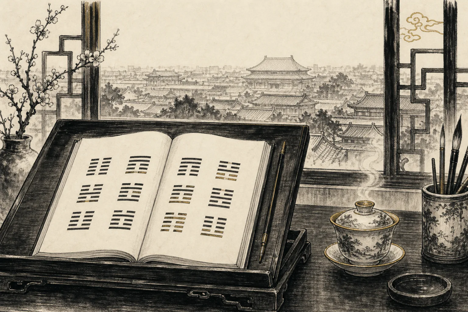 易経の卦が記された講義ノートが開かれた演壇、中国茶器、北京の屋根を描いた手描きペン＆インク調イラスト