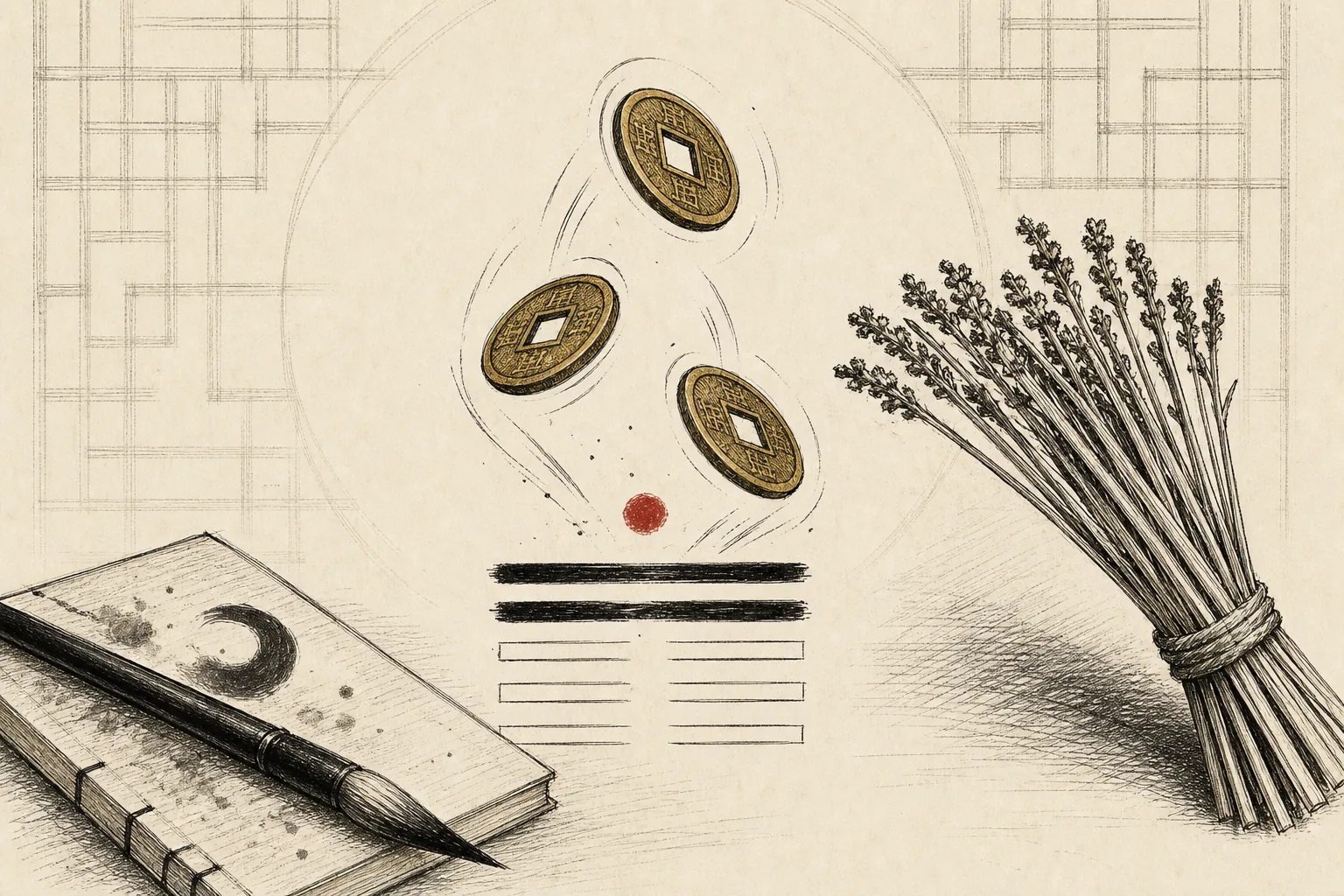 Pen-and-ink illustration of three Chinese coins mid-toss, a partially drawn I Ching hexagram, and a bundle of yarrow stalks