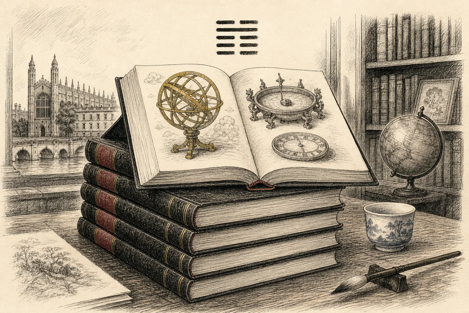 積まれた学術書、渾天儀、中国の科学機器を描いた手描きペン＆インク調イラスト