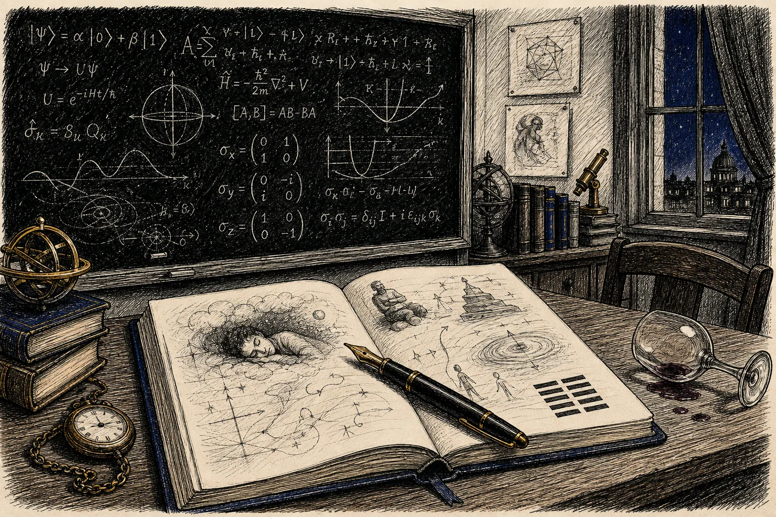 Pen-and-ink illustration of a physics chalkboard with quantum equations beside a notebook with a hexagram sketch and a fountain pen